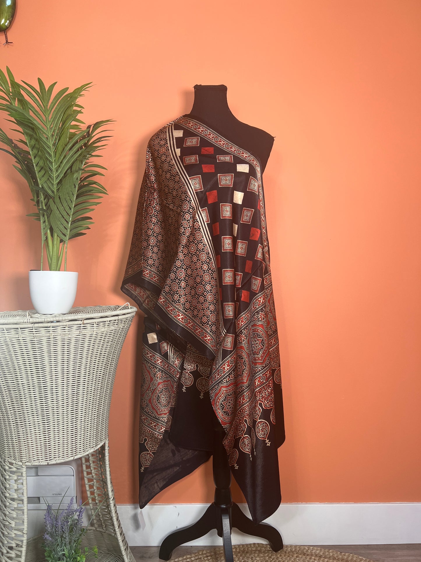 Ethnic Charm: Boho Ajrakh Mashru Silk Stole (Black multi dye) - Femantraa