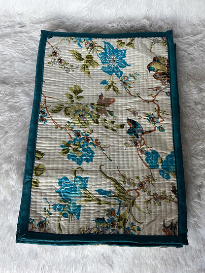 Handblock Quilted Table Runner Set: Boho Vibes Turquoise Blue / Grey Blue / Blue Border