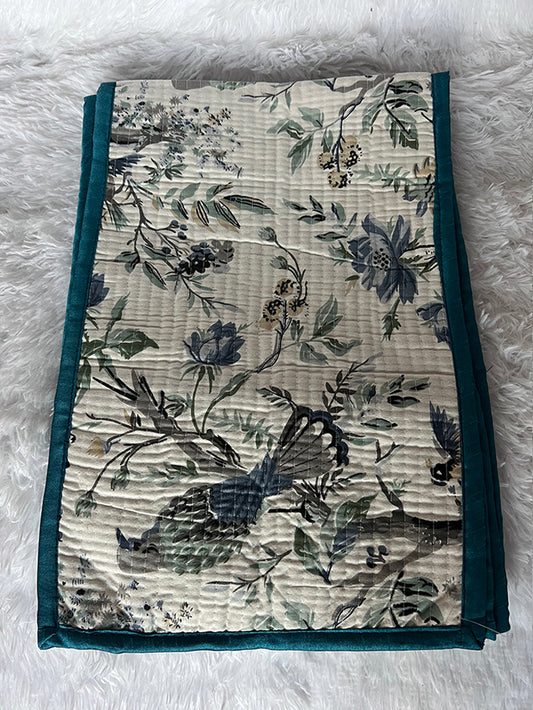 Handblock Quilted Table Runner Set: Boho Vibes Turquoise Blue / Grey Blue / Blue Border