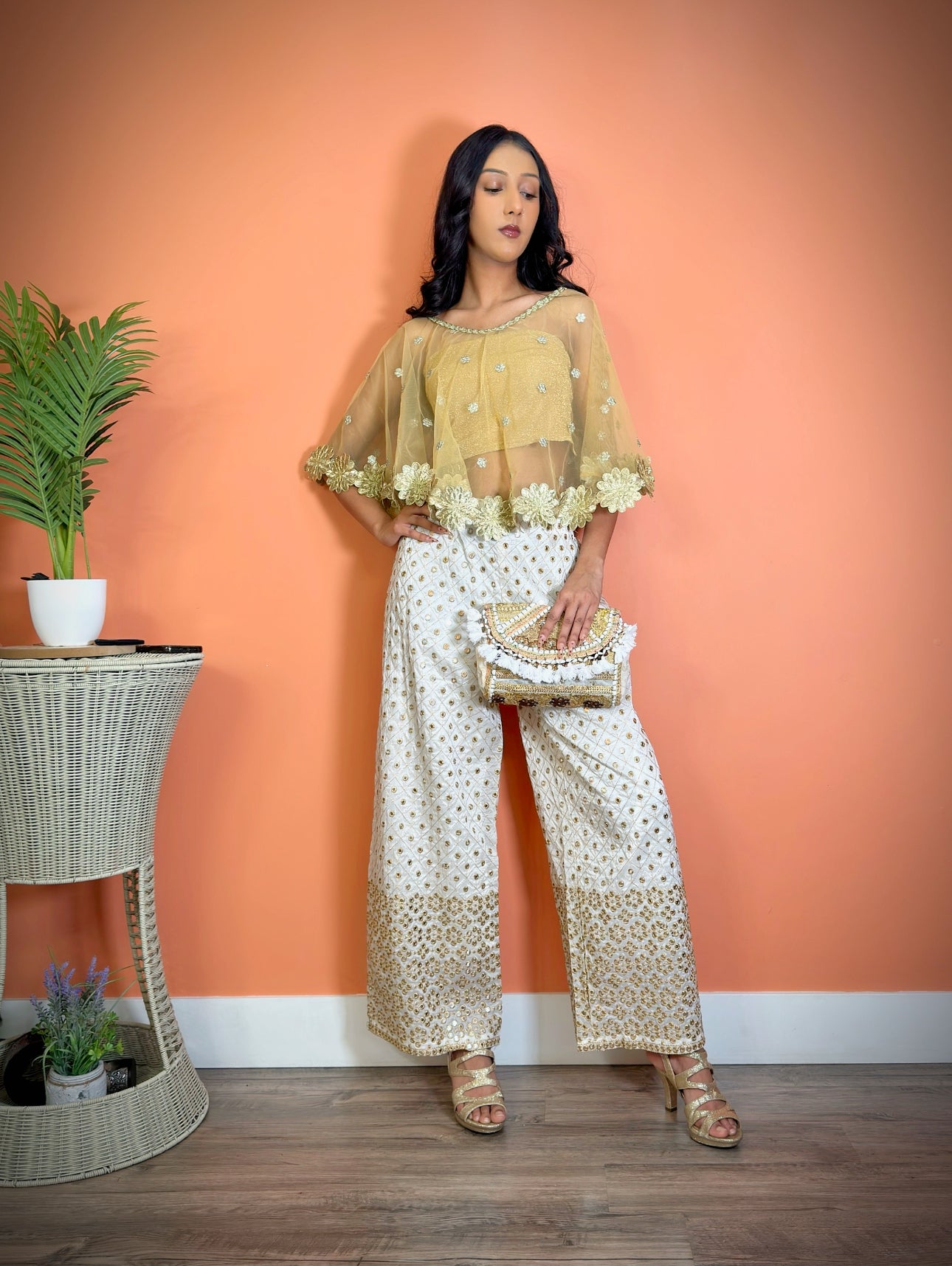 Embroidered dazzling White Palazzo and Cape Set - Femantraa