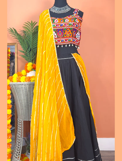 Black Chaniya with Heavy Kutch Mirror Work Choli and Jaipuri Dupatta - Femantraa