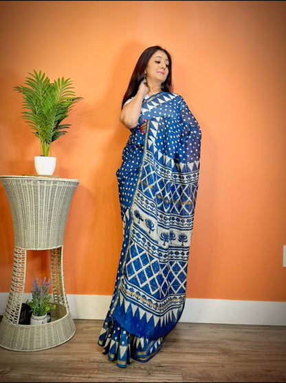 Ethnic Elegance:Indigo Blue Chanderi Cotton Handblock Print Saree - Femantraa