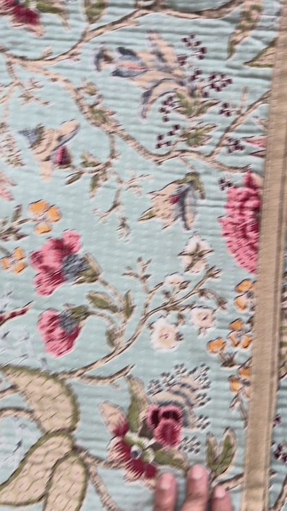 Sanganeri Hand-Block Print Quilted Reversible Table Runner Set (1 Runner + 6 Placemats)
: Blue Rust / Blue Grey / Gold border