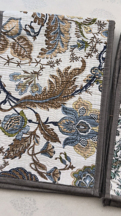 Sanganeri Hand-Block Print Quilted Reversible Table Runner Set (1 Runner + 6 Placemats)
: Mustard Cream / Teal Cream / Brown Border