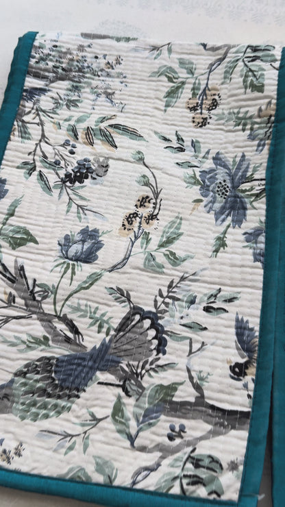 Sanganeri Hand-Block Print Quilted Reversible Table Runner Set (1 Runner + 6 Placemats)
: Turquoise Blue / Grey Blue / Blue Border