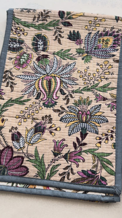 Sanganeri Hand-Block Print Quilted Reversible Table Runner Set (1 Runner + 6 Placemats)
: Beige / Cream / Grey Border