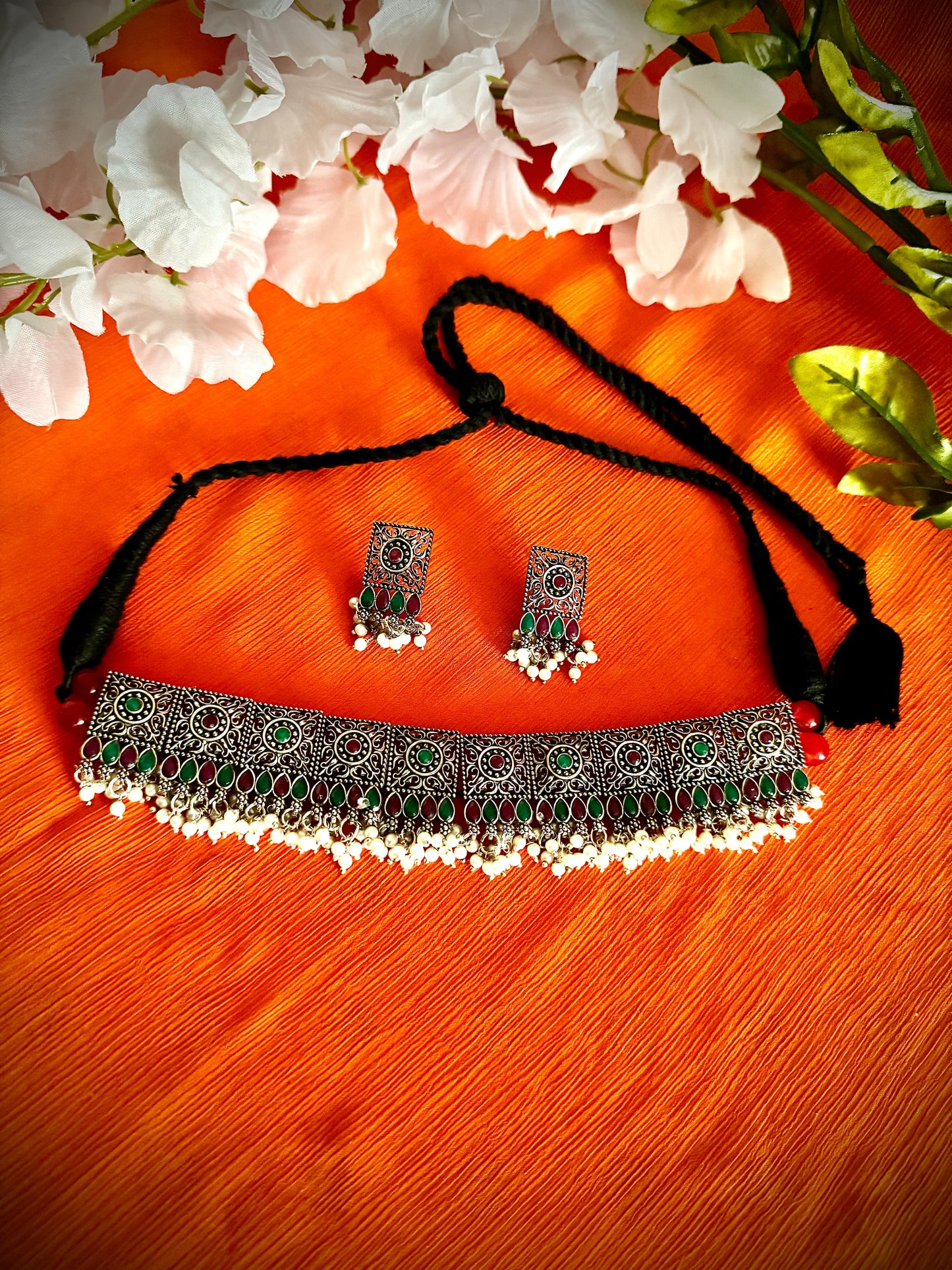 Artistic Oxidized Silver Choker Sets (Coloured) - Femantraa